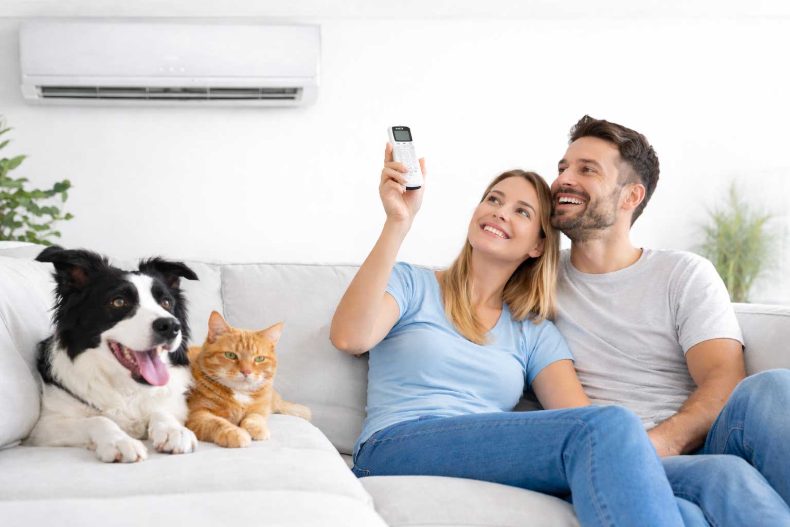Couple relaxing at home with their pets while the AC runs